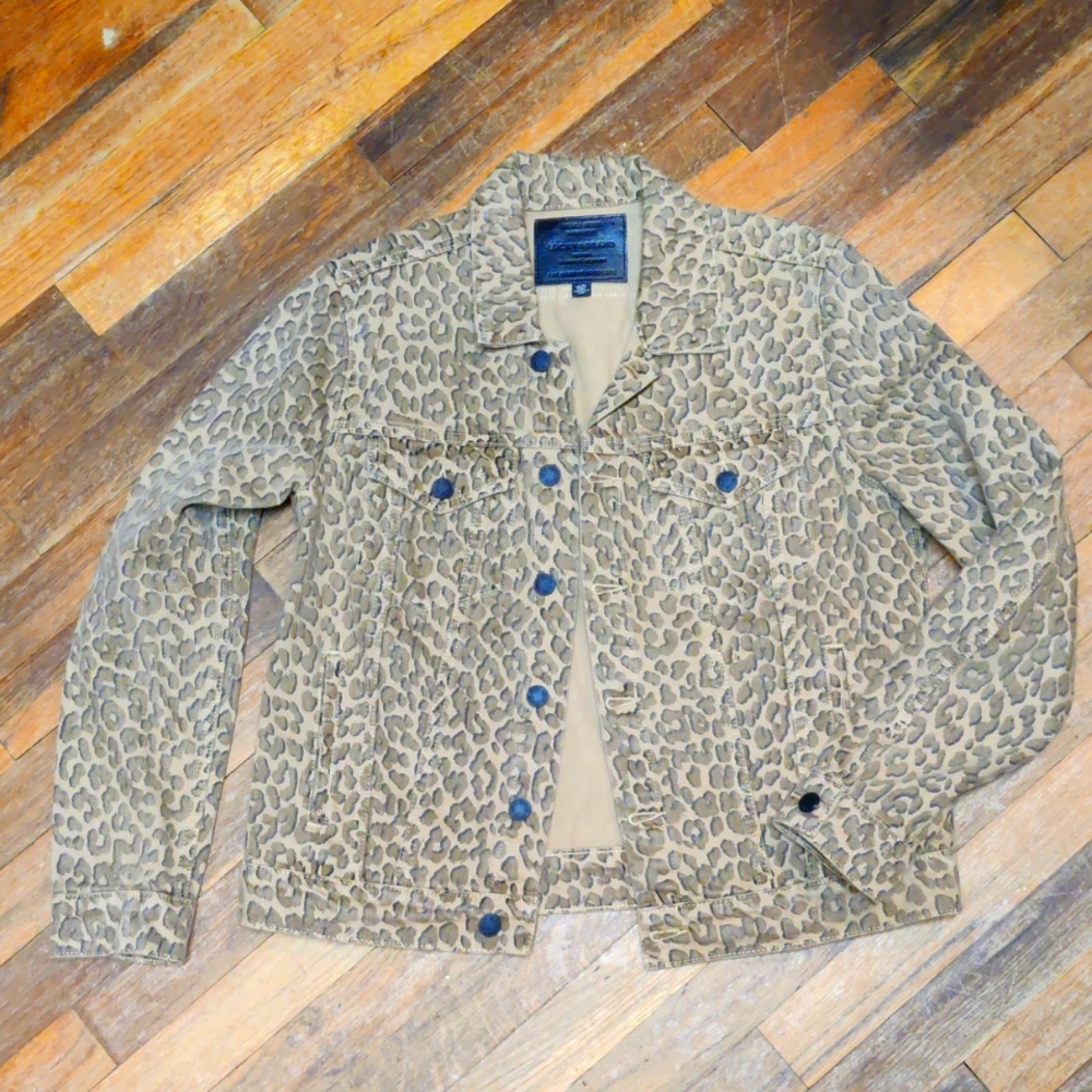 Lucky Brand Olive Green Leopard Print Jean Jacket